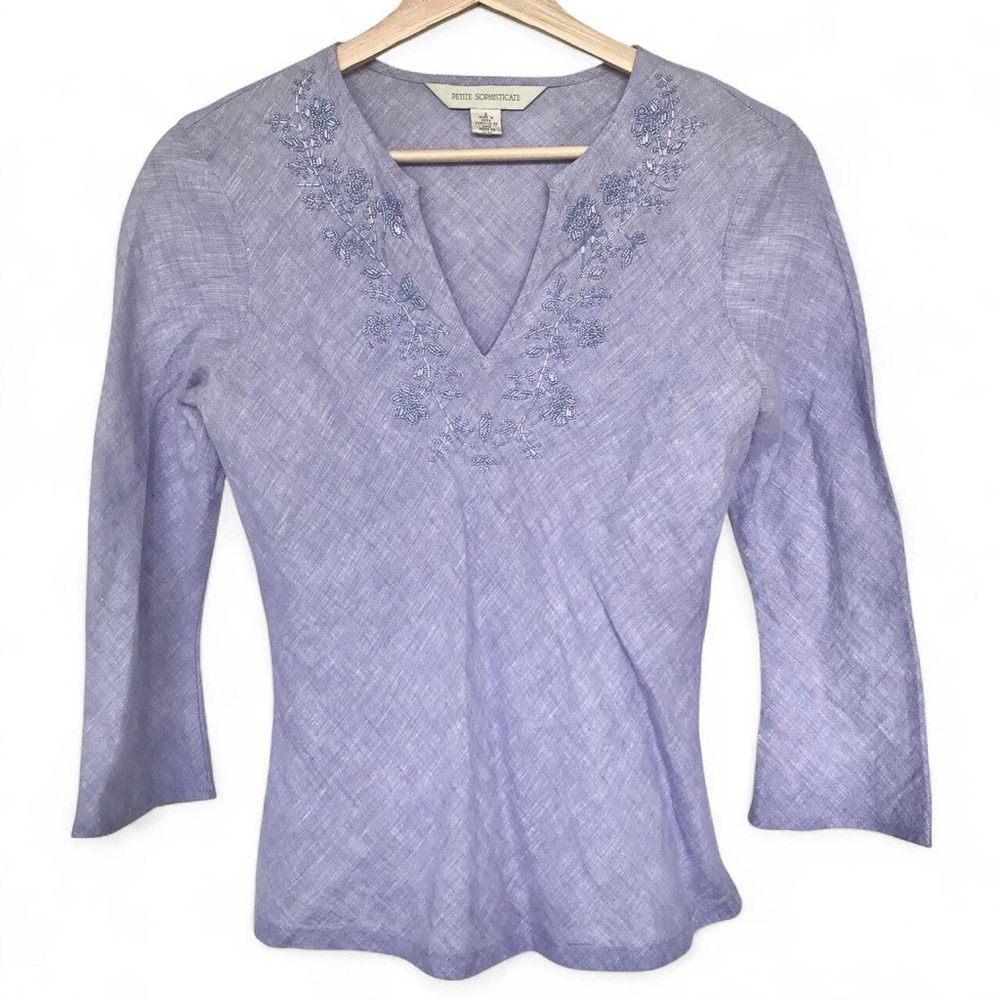 Purple Linen Embroidered Women's Top - Picture 2 of 4